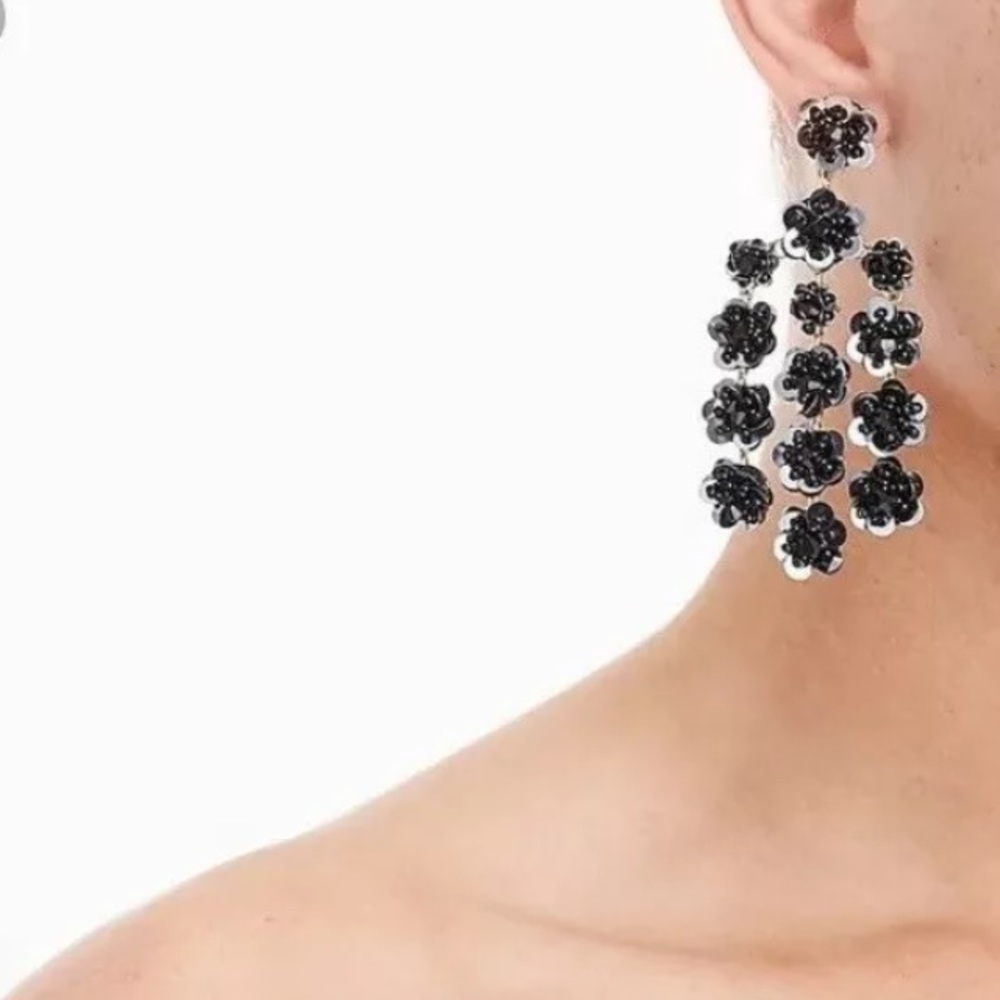 Floral Sequin Chandelier Gold Black White Earrings - Picture 1 of 5